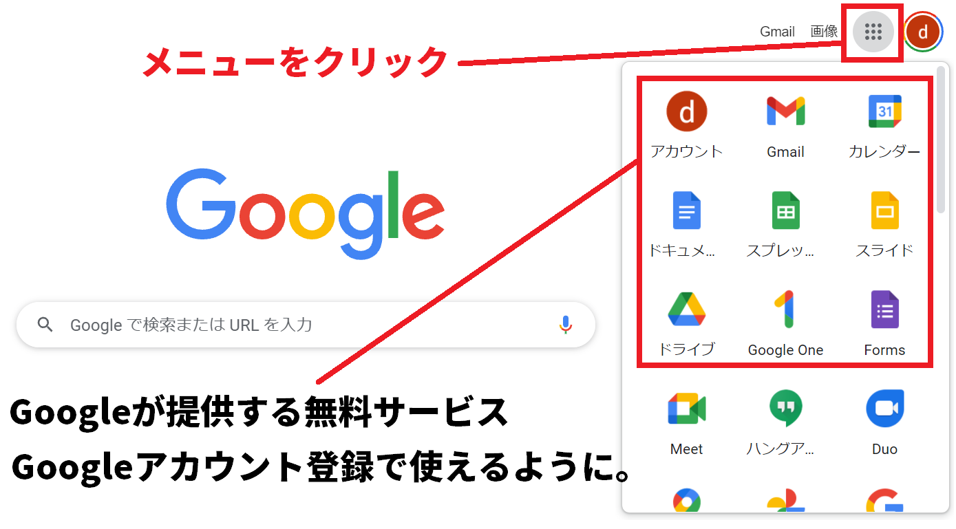 Googleアカウント メニュー